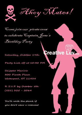Pink Pirate, Sexy pirate, girl pirate, pink skull, birthday invitation, pirate invitation